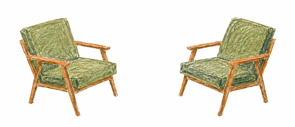 Twee handgetekende groene stoelen die naar elkaar toe staan